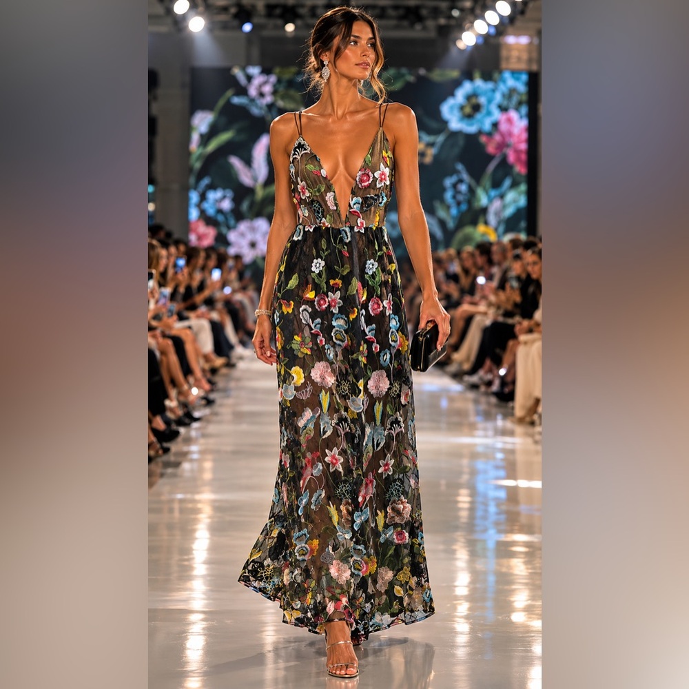 L’Atiste Embroidered Mesh Maxi Dress Open Back Floral Gown